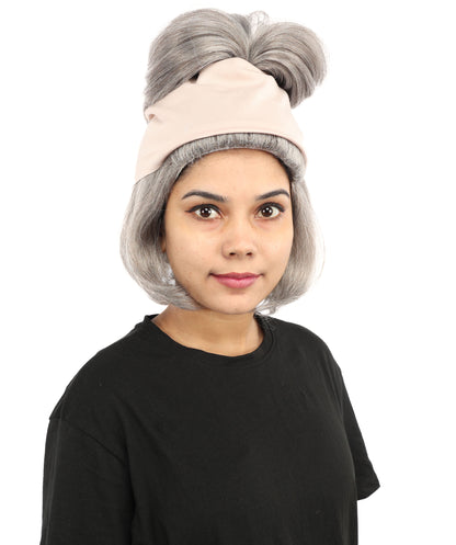 HPO Women’s 14” Grey Beehive Wig with Beige Headwrap | Capless Synthetic Hairpiece | Inspired Look for Halloween Cosplay and Party Events