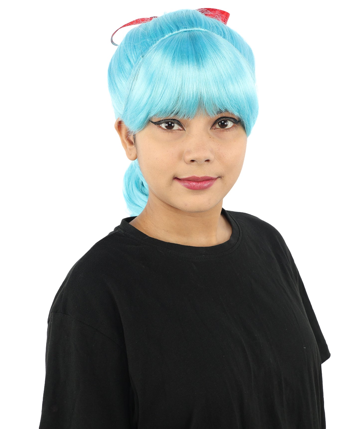 HPO Women's Spiral Ponytail Wig | Multicolor Options | High Updo with Red Ribbon Bow & Bangs, Heat Friendly Synthetic Fiber & Breathable Cap | Halloween, Christmas Event, Themed Party, Theater & Roleplay