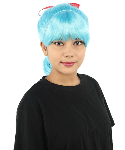 HPO Women's Spiral Ponytail Wig | Multicolor Options | High Updo with Red Ribbon Bow & Bangs, Heat Friendly Synthetic Fiber & Breathable Cap | Halloween, Christmas Event, Themed Party, Theater & Roleplay
