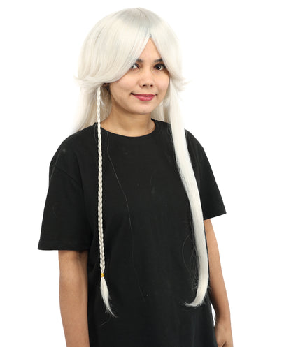 HPO Women’s 32” Silver Grey Bangs Wig | Extra Long Straight Synthetic Wig | Breathable Cap for Halloween, Roleplay, Theater, Party & Character Costumes