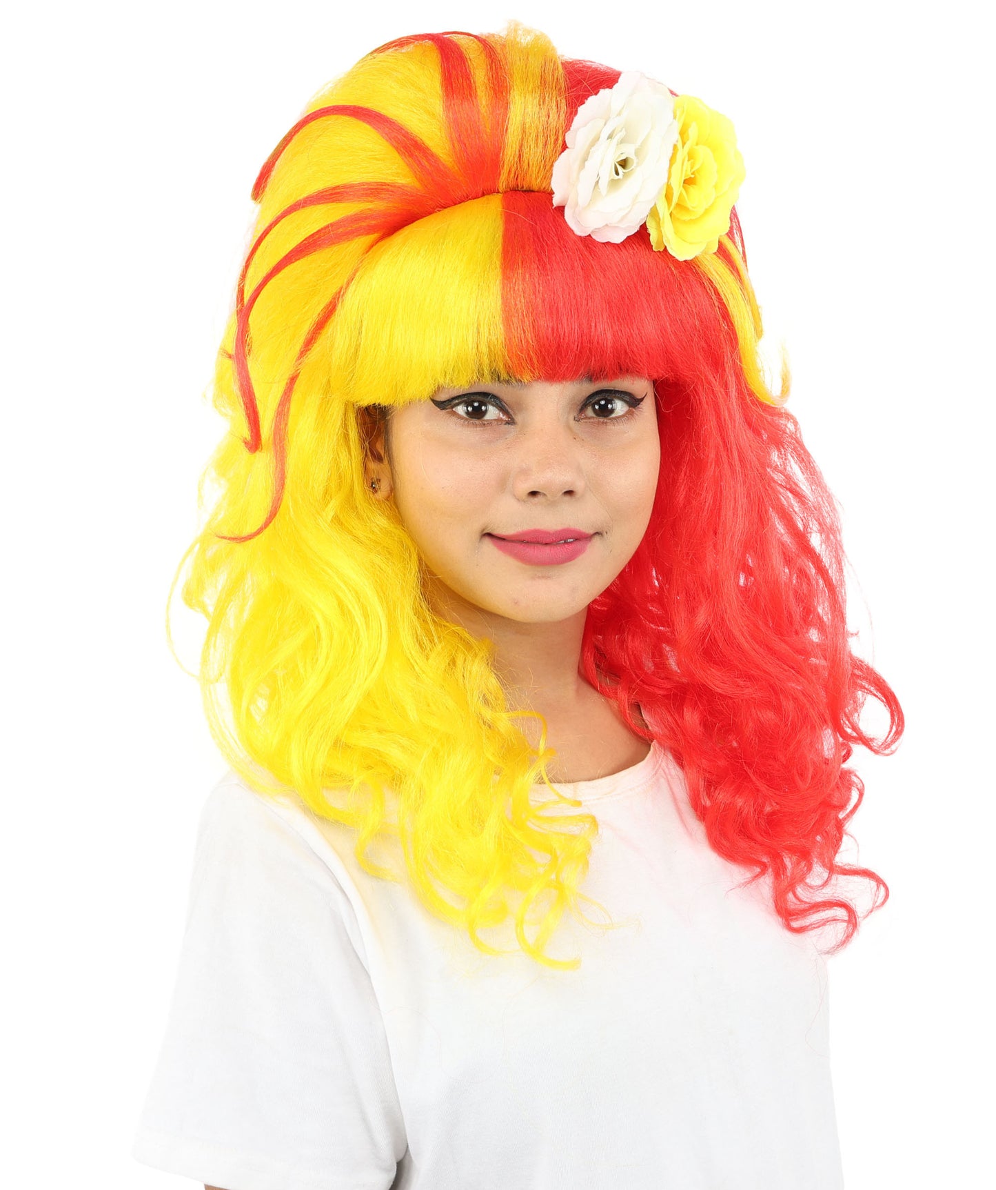 HPO Women's Split Style Glamour Red & Yellow Wig | Long curly synthetic fibers with big teased volume blunt bangs and capless base | Essential for theatrical stage drag performance costume events and party