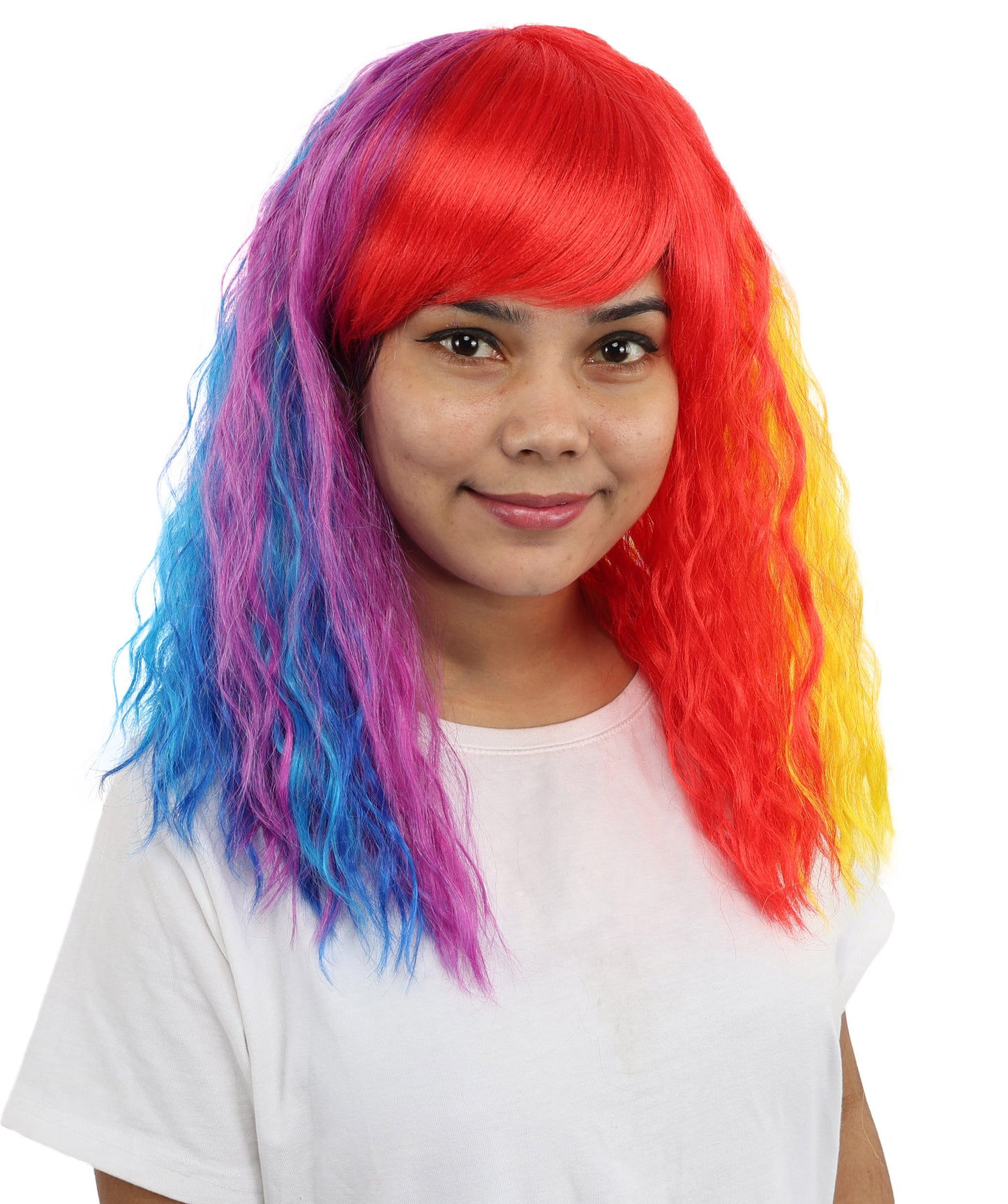 HPO Women’s 17 Inch Curly Rainbow Wig with Side Bangs—Colorful Long Hairpiece with breathable Capless Cap | Ideal for Halloween, Cosplay, Pride and Drag Shows