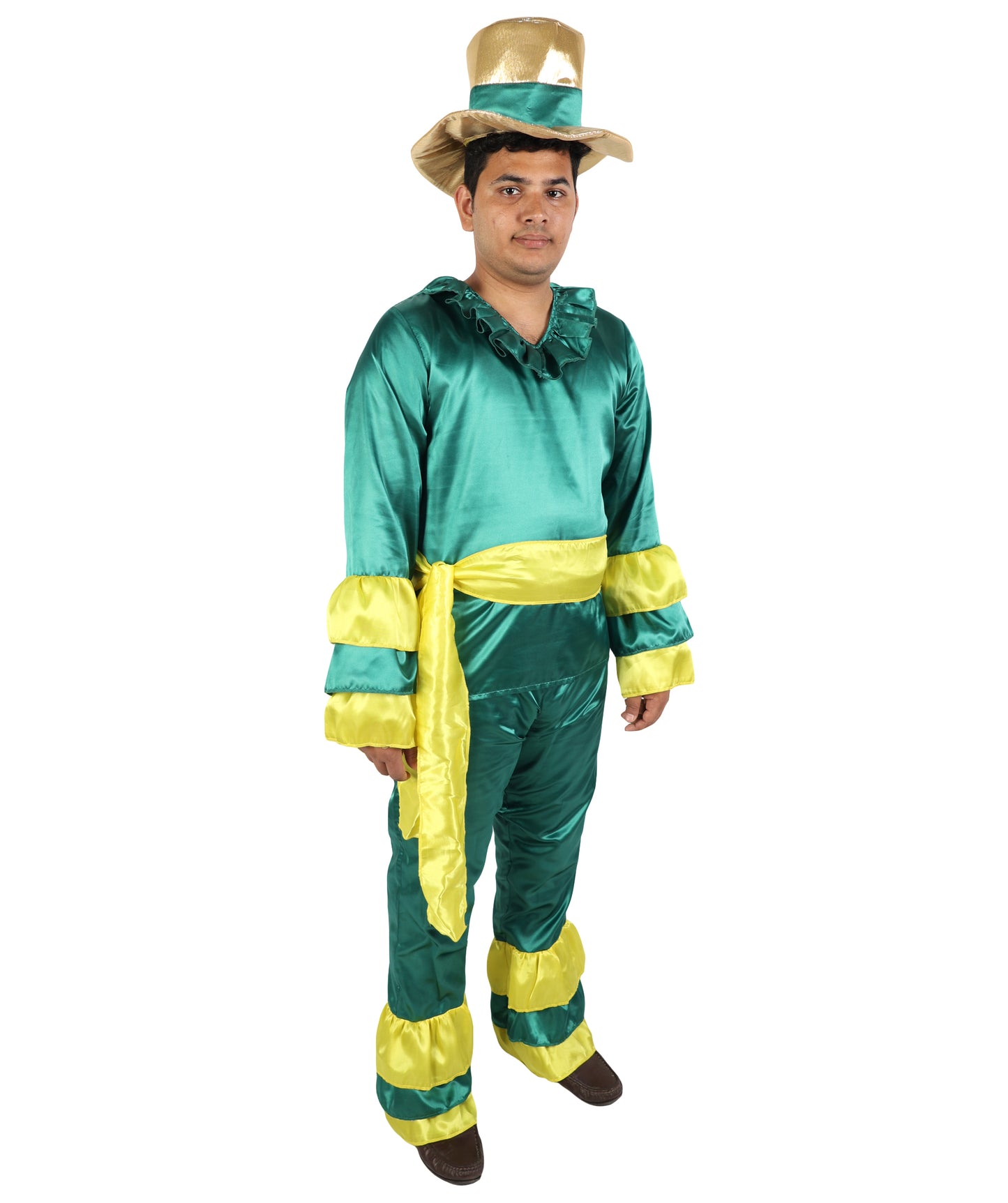 HPO Men's Rumba Dancer Costume | Vibrant Green and Yellow Tiered Ruffle Tunic Flared Jumpsuit Matching Straw Hat | Halloween Cosplay Theater Drag Performance Costume Events
