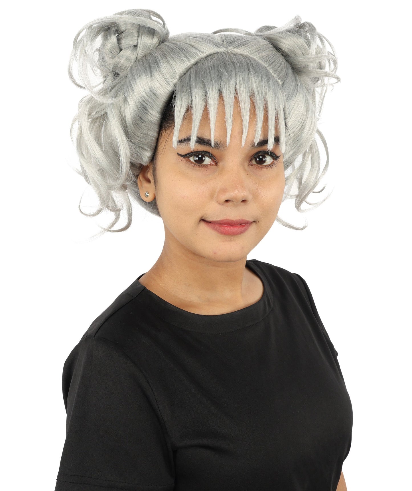 HPO Adult Women’s Messy Twin Bun Wig with Graphic Bangs | Multiple Color Options | Edgy Wig for Cosplay, Fashion Events, Halloween & Stage Wear | Adjustable Cap, Lightweight Synthetic Fiber