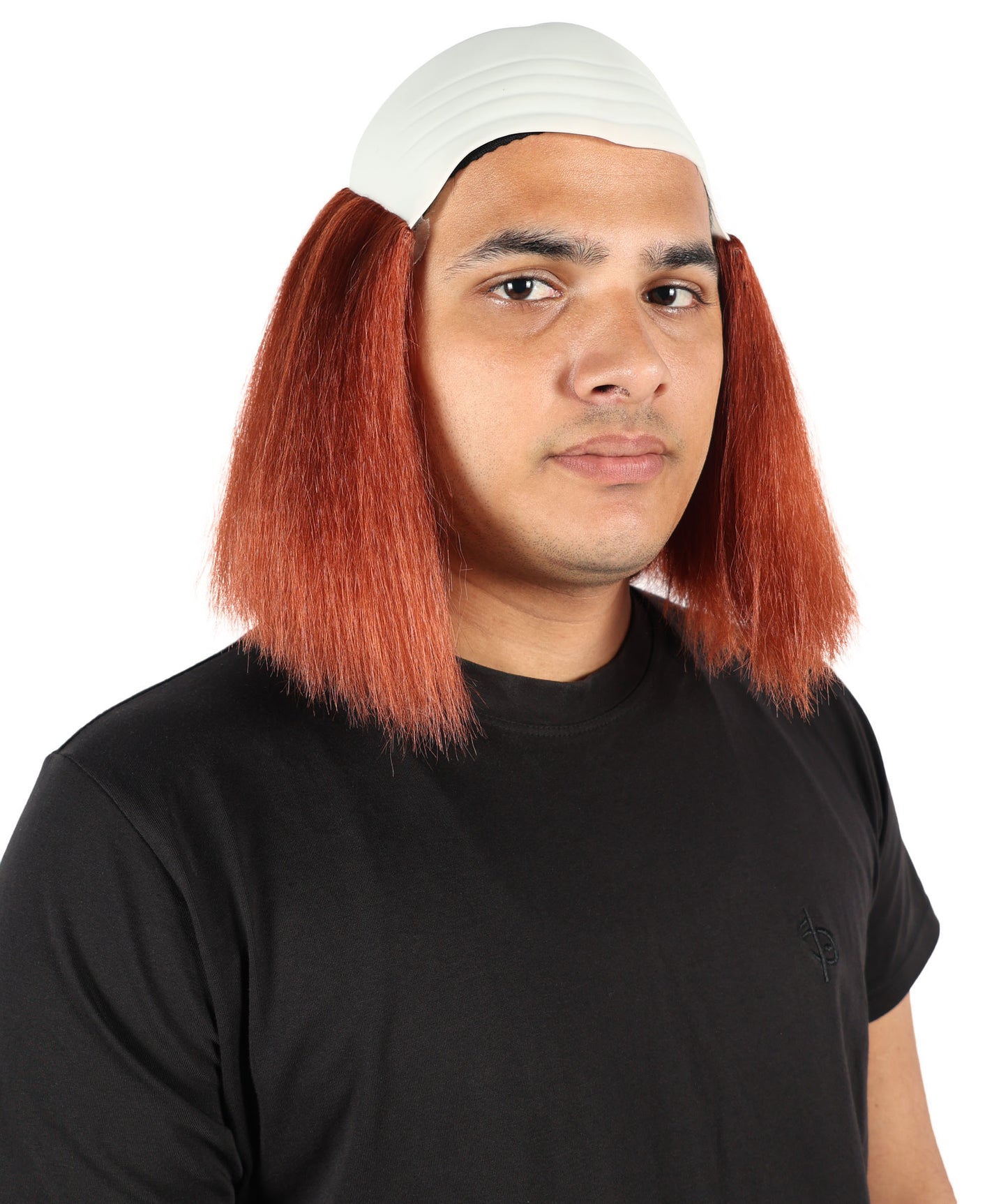 HPO Men's Bald Deluxe Silly Boy Auburn Wig | Comical Bald Cap with Hair Tufts | Hairpiece for Halloween Cosplay Parties Stage & Roleplay