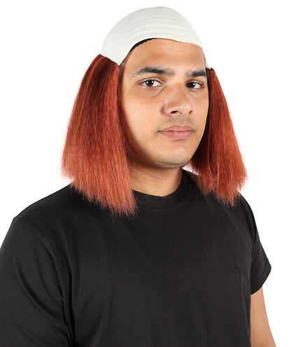 HPO Men's Bald Deluxe Silly Boy Auburn Wig | Comical Bald Cap with Hair Tufts | Hairpiece for Halloween Cosplay Parties Stage & Roleplay