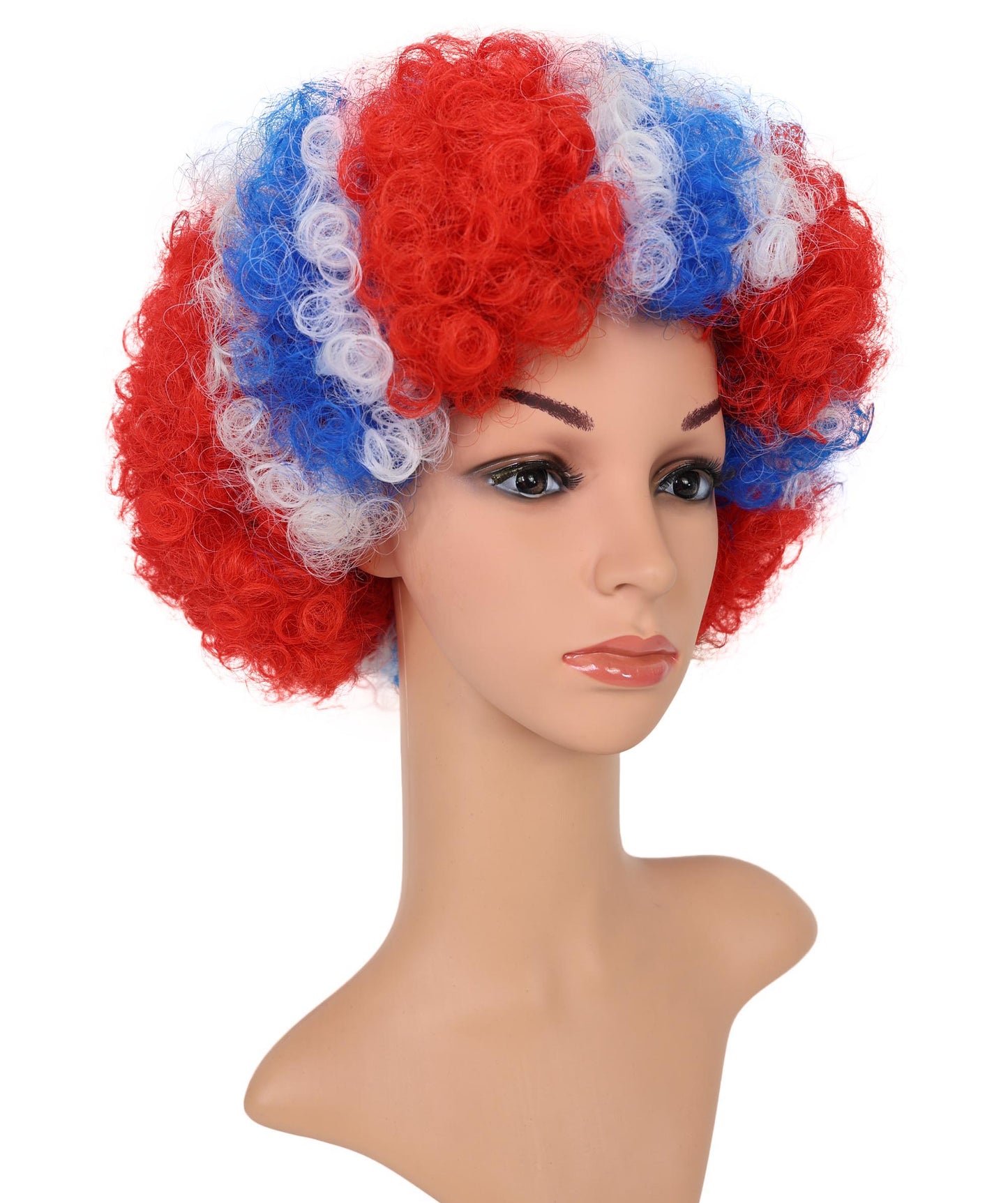 HPO Norway Clown Wig – Red, White & Blue Flag Afro Style | Fun Costume Wig for Sports Fans, National Day, Parties