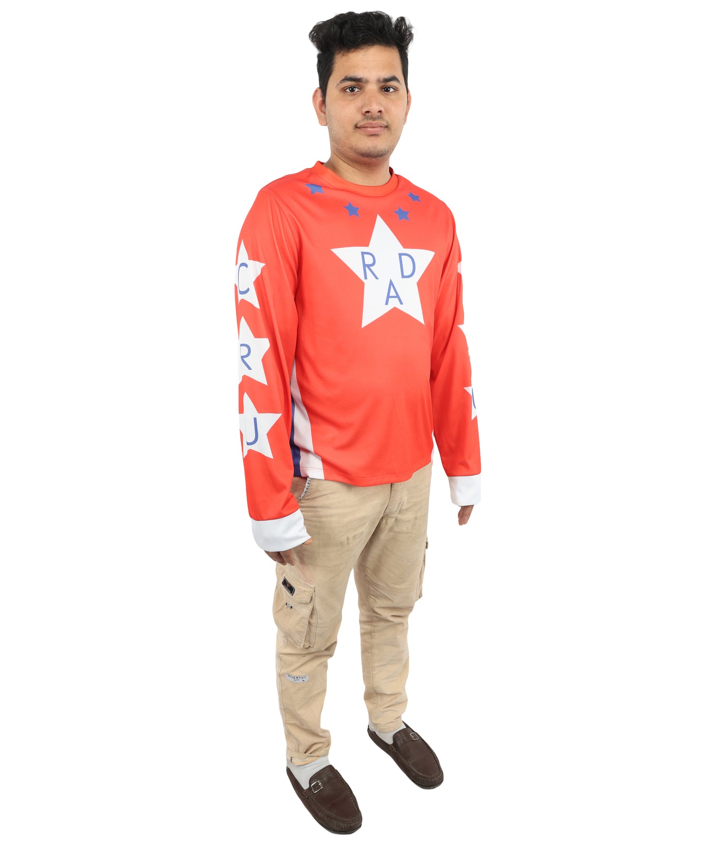 HPO Men's Vintage Stunt Biker Red Costume | Long Sleeve Jersey Knit with Bold Chest Logo | Versatile for Costume Parties, Stage Shows, and Retro Sports Themed Events