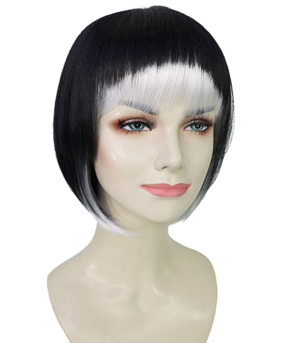 HPO Women's Black & White Carnival Halloween Roleplay Wig | Flame-resistant Synthetic Fiber with Capless Cap| Ideal for party, Halloween, cosplay, theater, drag, performance, costume events