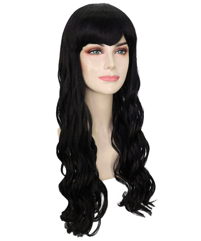 HPO Women's Red Long Wavy Desire Wig with Front Bangs | Halloween and Party Wig | Flame-retardant Synthetic Fiber  |  Premium Breathable Capless Cap