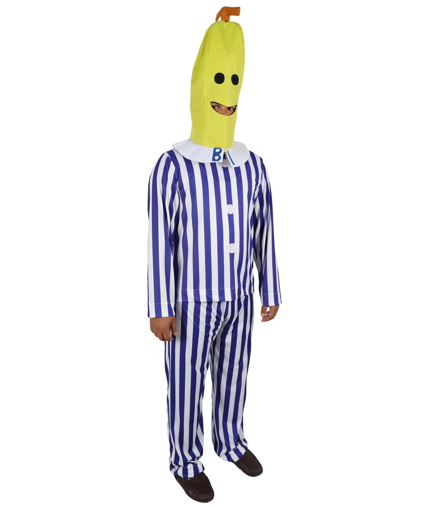 HPO Women's Banana in Pajamas Costume | Classic Blue and White Striped Sleepwear Top and Pants Set Novelty Fruit Character Yellow Mask | Halloween Cosplay Theater Drag Performance Costume Events
