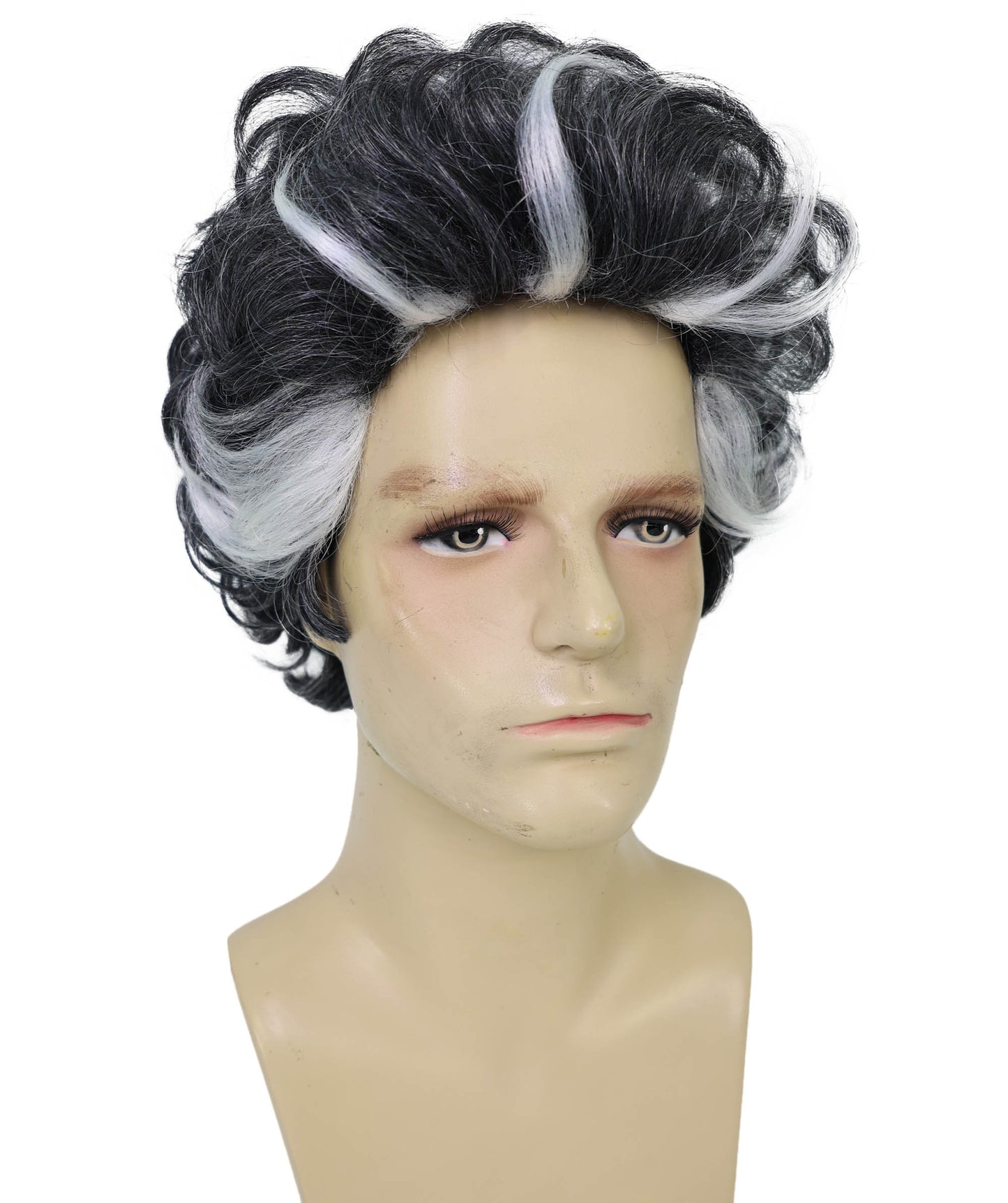 HPO Adult Men's Grey Short Wavy Wig with Highlights | Salt and Pepper Hair Wig for Halloween themed Party | Flame-retardant Synthetic Fiber