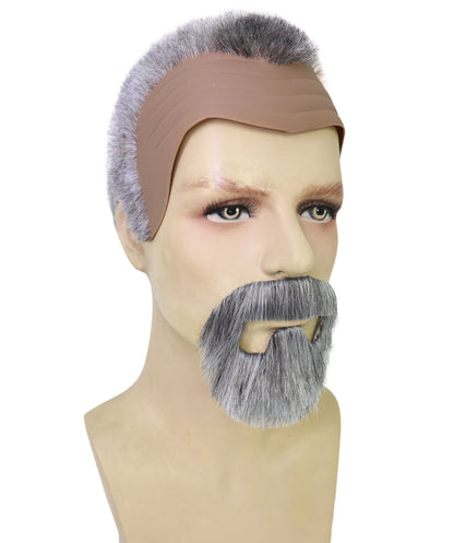 HPO Men’s Roman Emperor Macrinus White and Brown Wig and Mustache & Beard Set | Short Curly Dark Historical Hairpiece | Synthetic Fiber, Breathable Cap for Theater, Halloween