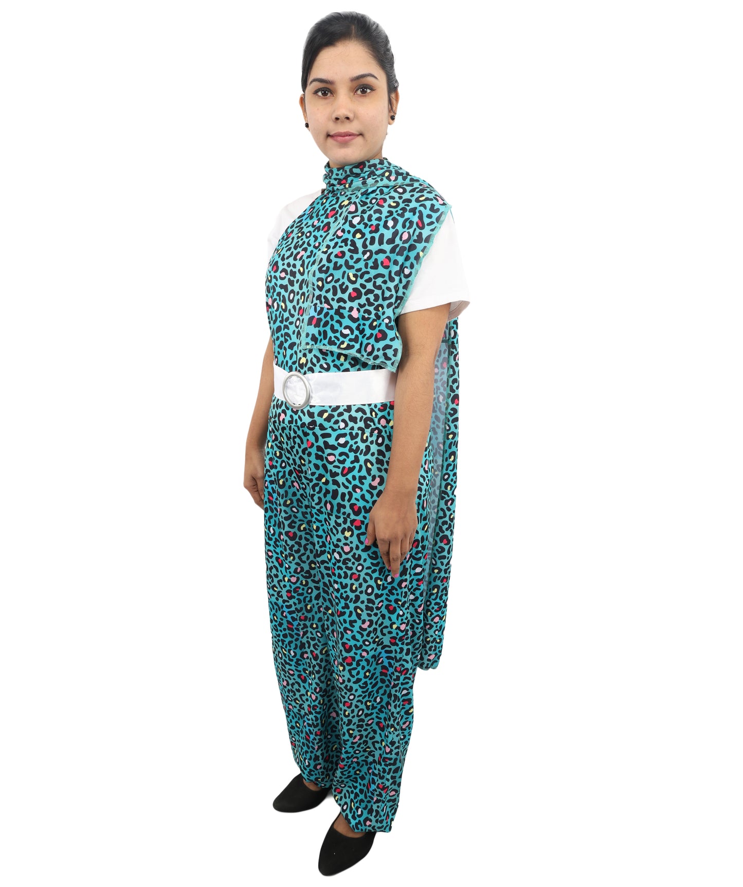 HPO Women's Vintage Disco Dancer Costume | Sleek Patterned Jersey Construction with Satin Accent Belt and Neck Muffler | Ideal for Halloween, Theater, Drag, and 1970s Performance Events