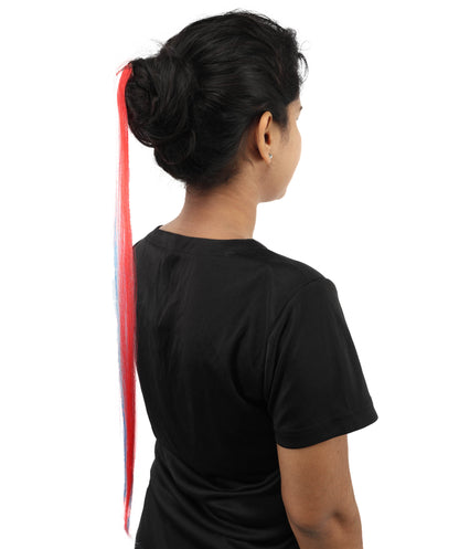 HPO Women's International Clip-in Hair Extension | Sleek red, white, and blue synthetic fibers featuring a secure snap attachment | Ideal for party, Halloween, cosplay, theater, drag, performance, costume events