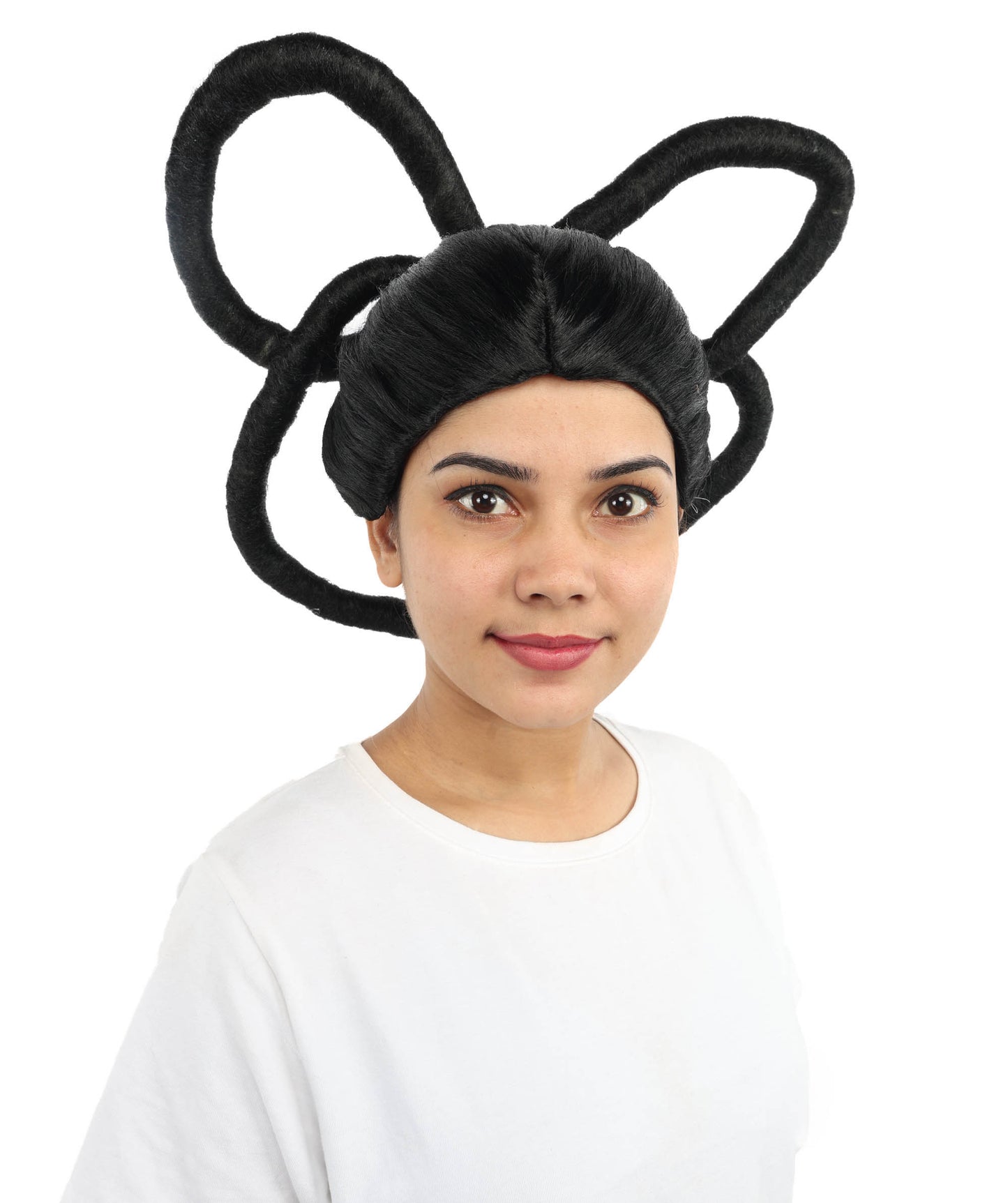 HPO Women's Black Double Loop Buns Wig | Synthetic Updo Hairstyle with Adjustable Cap for Cosplay, Festivals, Stage Performances,  Parties & Photoshoots