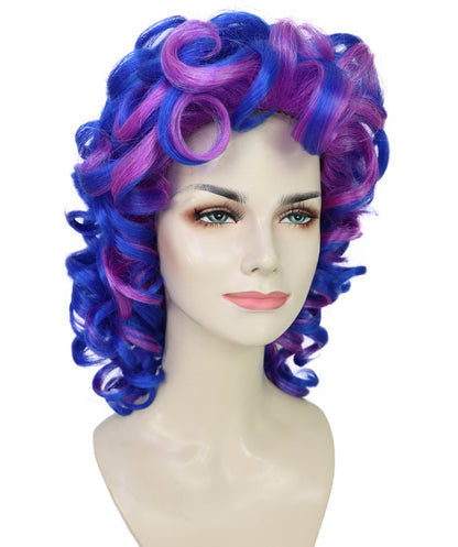 HPO Women Blue & Purple Big Curly Wig | Voluminous Synthetic Costume Hair for Cosplay, Halloween & Parties | Breatheble Capless Cap