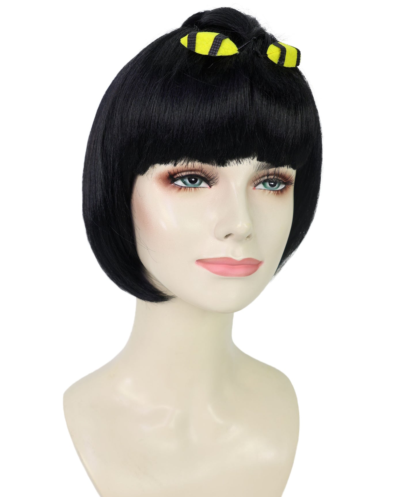 HPO Adult Women's Short Black Straight Anime Wig | Game-Inspired Character Wig with Crown & Blunt Bangs | Ideal Synthetic Hair for Cosplay, Costume & Conventions