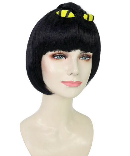 HPO Adult Women's Short Black Straight Anime Wig | Game-Inspired Character Wig with Crown & Blunt Bangs | Ideal Synthetic Hair for Cosplay, Costume & Conventions