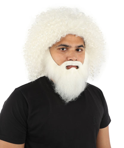 HPO Men's Wild Caveman Orange Wig Beard & Mustache Set | Massive Frizzy Orange Afro and Full Beard Set with Messy Texture | Prehistoric Costume, Viking Cosplay, Halloween, and Funny Party Props
