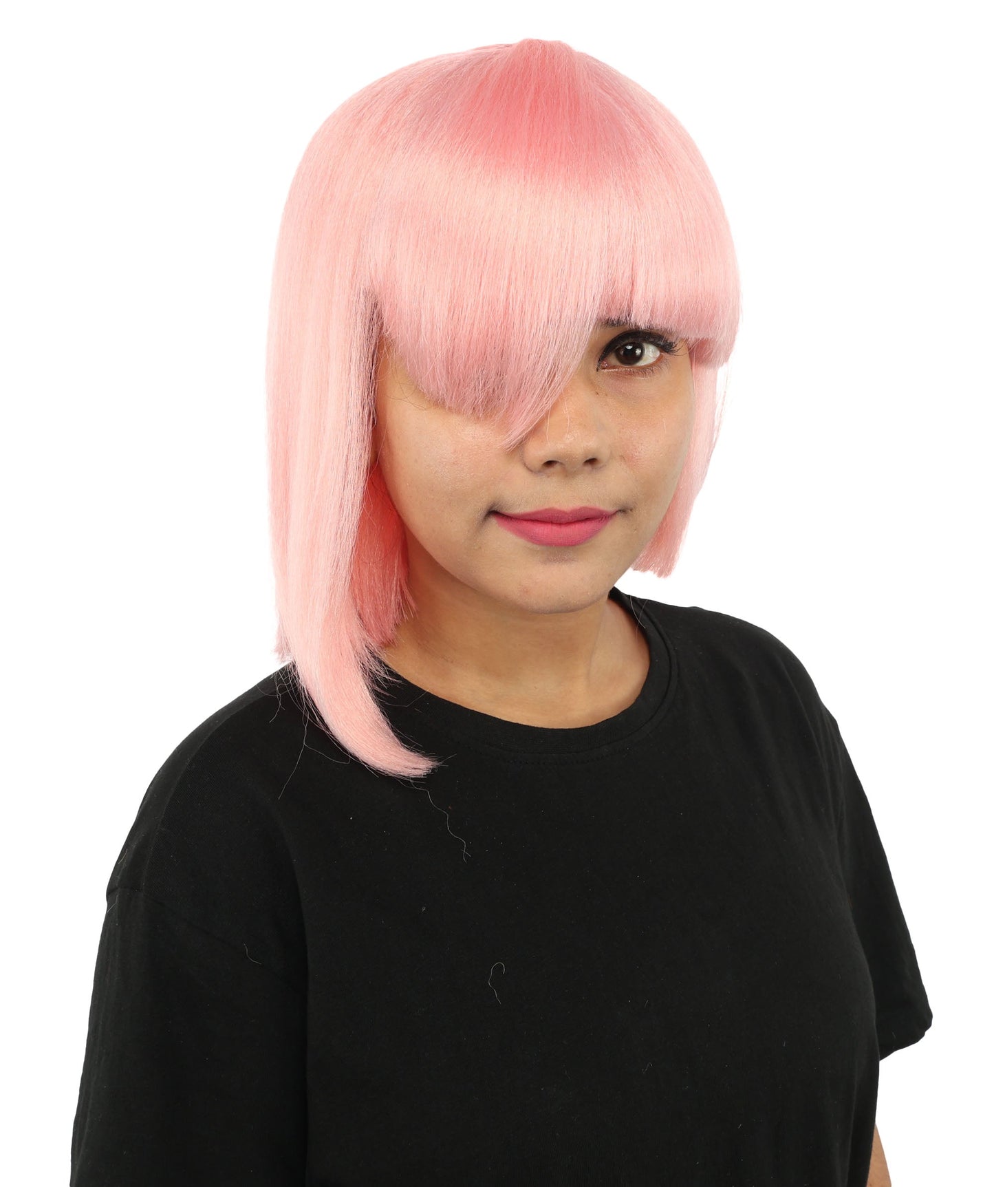 HPO Adult Women's Asymmetrical Bangs Bob Wig | Multiple Color Options | Create of synthetic fiber, sleek straight volume, breathable capless base | Party, Halloween, theater, drag, performance, costume events