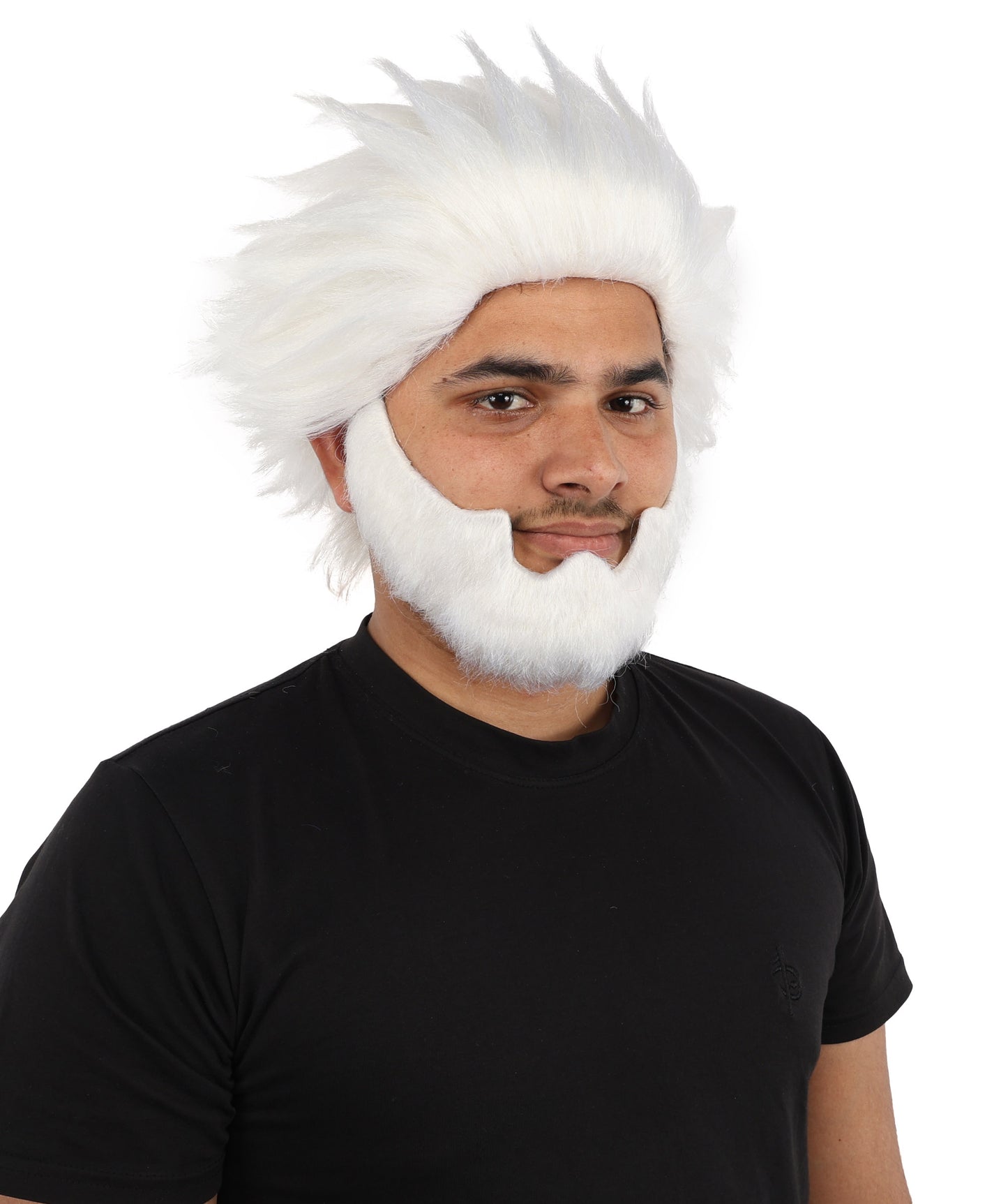 HPO Men’s 11-Inch White Spiky Wig with Beard Set |  Ideal for Cosplay, and Themed Events | Bold Style for Fun and Creative Looks
