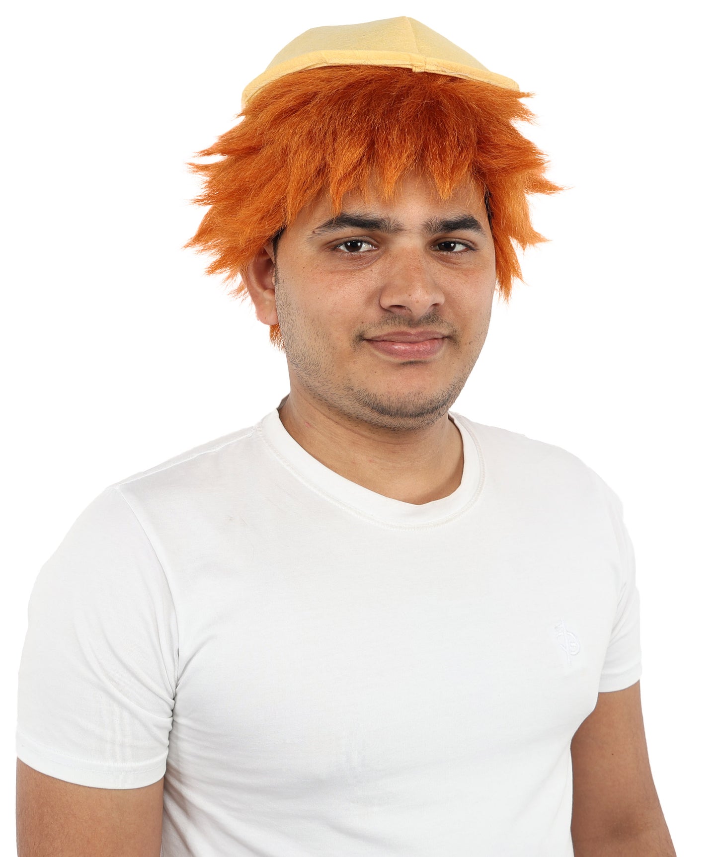 HPO Men's 10 Inch Auburn Wig with Yellow Hat | Short Tousled Style Lightweight Capless Cap | Ideal for Cosplay, Theater & Dress-Up Events
