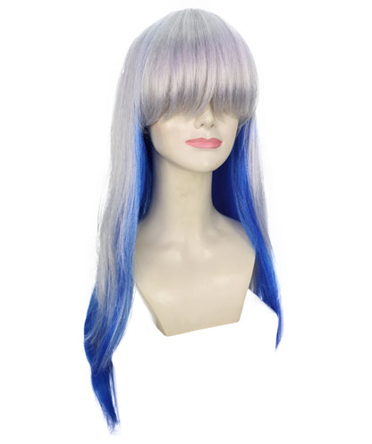 HPO Adult Women’s Long Wavy Silver and Blue Gradient Wig  | Flame-retardant Synthetic Fiber | Flipped Ends Wig for Halloween and Cosplay