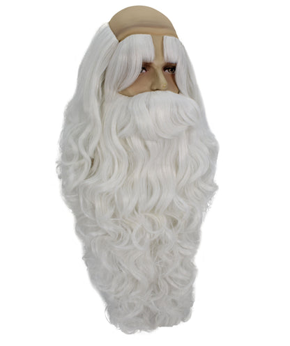 HPO Men's White Santa Wig and Beard Set – Fake Mustache, Long Beard & Eyebrows | Christmas Character Accessories for Stage, Cosplay & Holiday Dress-Up