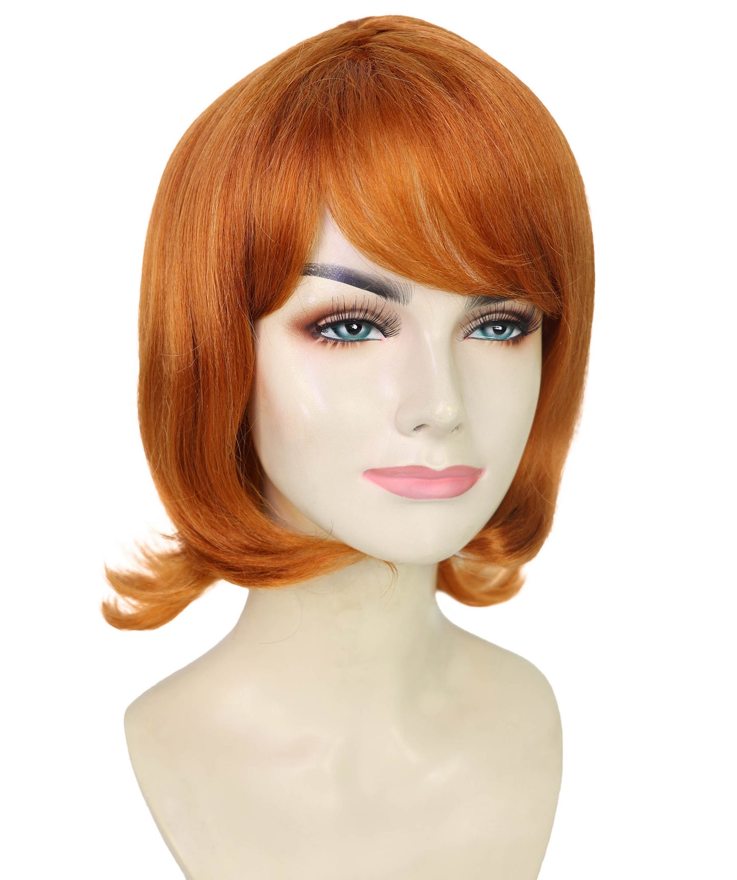 HPO Adult Women’s Layered Ginger Wig with Fringe | 1980s Style Costume Hair for Halloween Themed Parties| Breathable Capless Cap