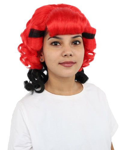HPO Women's Short Curly Wig with Bangs | Red and Black Synthetic Hairpiece | Adjustable Inner Straps Cap | Lightweight Wig