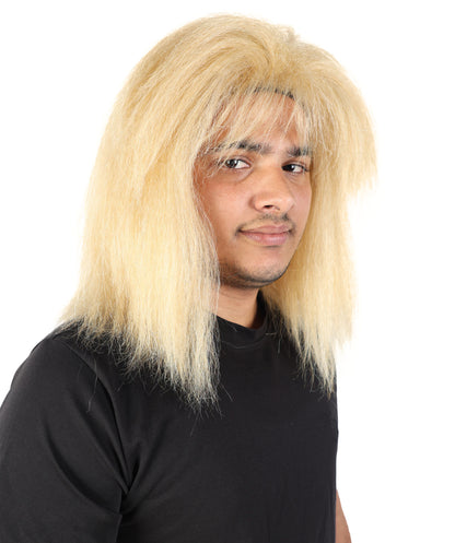HPO Men’s Straight Blonde Rocker Wig | 80s Style Shoulder Length Hair with Bangs | Breathable Capless Cap for Cosplay, Costumes & Theme Parties