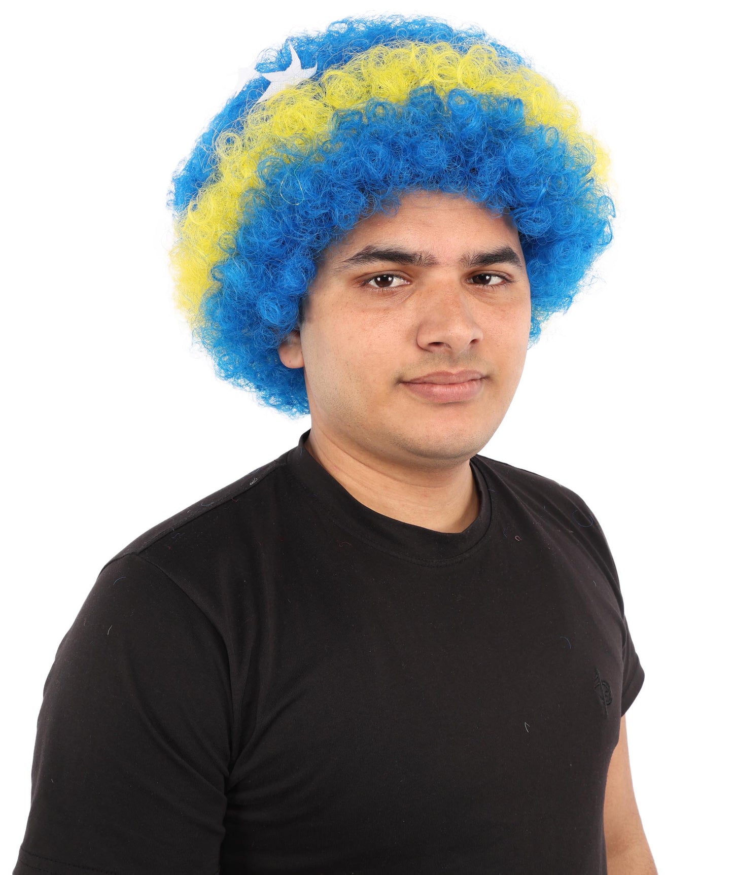 HPO Curacao Flag Afro Wig | 11 Inch Blue Yellow Stripe White Stars Design | Sports Event National Holiday Parade Soccer Match Fan Gear