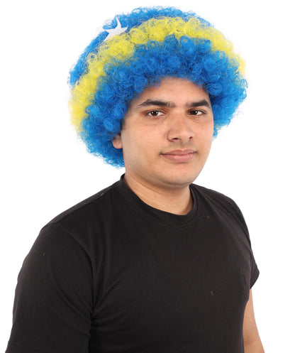 HPO Curacao Flag Afro Wig | 11 Inch Blue Yellow Stripe White Stars Design | Sports Event National Holiday Parade Soccer Match Fan Gear