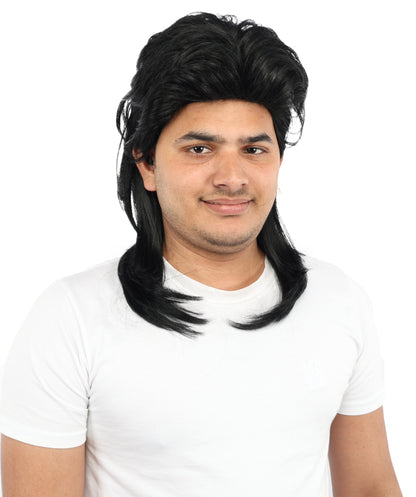 HPO Men’s 20 Inch Black Mullet Wig | Retro 80s Style with Heat-Resistant Fibers | Short Front, Long Back Synthetic Wig for Halloween, Cosplay & Theme Party Looks