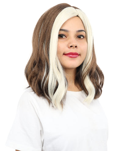 HPO Women’s Brown and White Bang Wig Front Streak | Mid-Length Executive Style | Ideal for Costume Parties, Cosplay, & Halloween Performances
