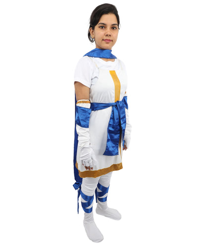 HPO Women's Anime Action Heroine Suit | White and blue jersey satin construction featuring a body garment, hand gloves, leg socks, belt, and bow | Ideal for party, Halloween, cosplay, theater, drag, performance, costume events