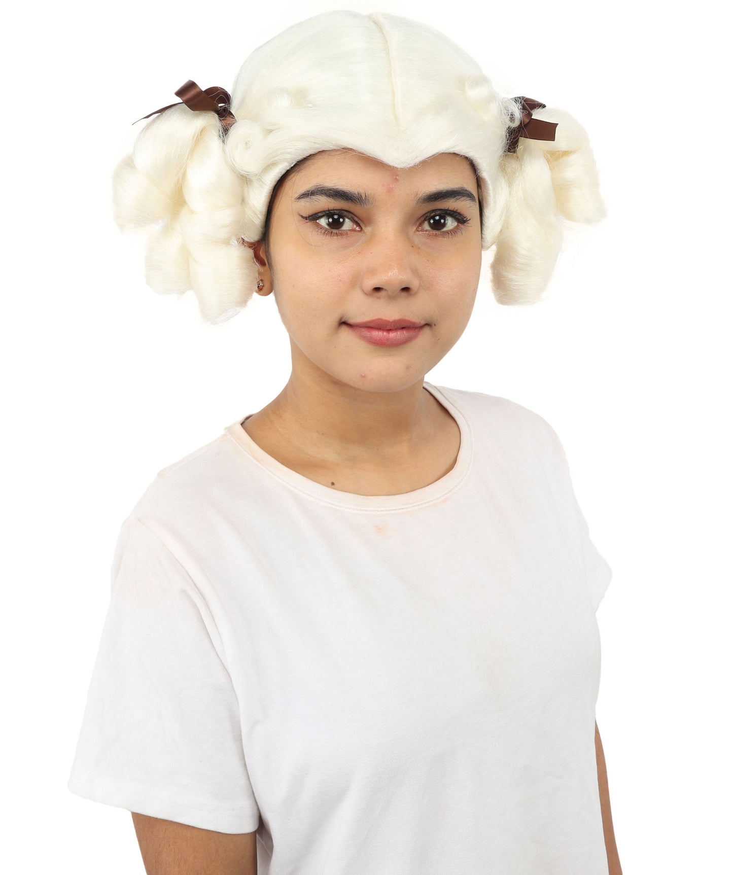 HPO Women's Golden White Mixed Curly Pigtail Wig | Messy Ringlet Twin Tails with Attached Fabric Ribbons, Synthetic Fiber & Breathable Cap | Halloween, Movie Character Roleplay, Costume Party & Theater