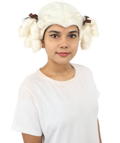 HPO Women's Golden White Mixed Curly Pigtail Wig | Messy Ringlet Twin Tails with Attached Fabric Ribbons, Synthetic Fiber & Breathable Cap | Halloween, Movie Character Roleplay, Costume Party & Theater