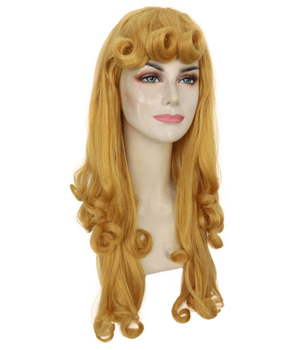 HPO Princess Golden Long Curly Wig | Radiant Fairytale Hairpiece with Voluminous Waves | Adjustable Breathable Cap for Cosplay, Halloween & Stage