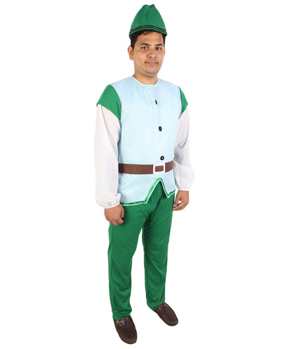 HPO  Men's Fairytale Dwarf Costume | Woodland Gnome Light Blue Vest Top Green Pants Set Pointed Hat Fake Beard | Halloween Cosplay Theater Drag Performance Costume Events