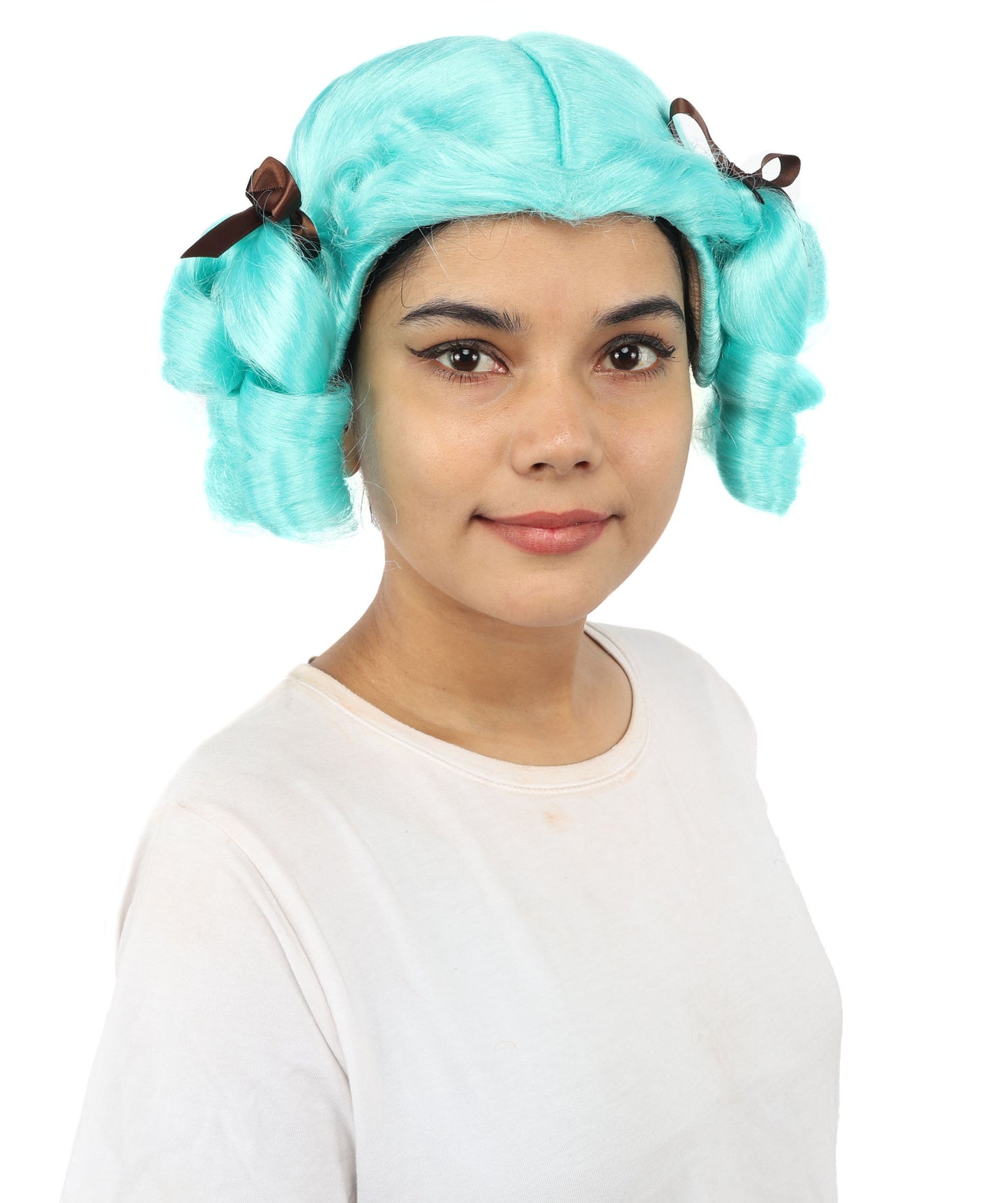 HPO Women's Golden White Mixed Curly Pigtail Wig | Messy Ringlet Twin Tails with Attached Fabric Ribbons, Synthetic Fiber & Breathable Cap | Halloween, Movie Character Roleplay, Costume Party & Theater