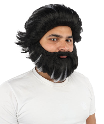 HPO Men’s Medium Length Black & White Wig and Beard Set – 11 Inch Synthetic Hairpiece with Capless Cap Design | Ideal for Halloween , Stage & Costume Use