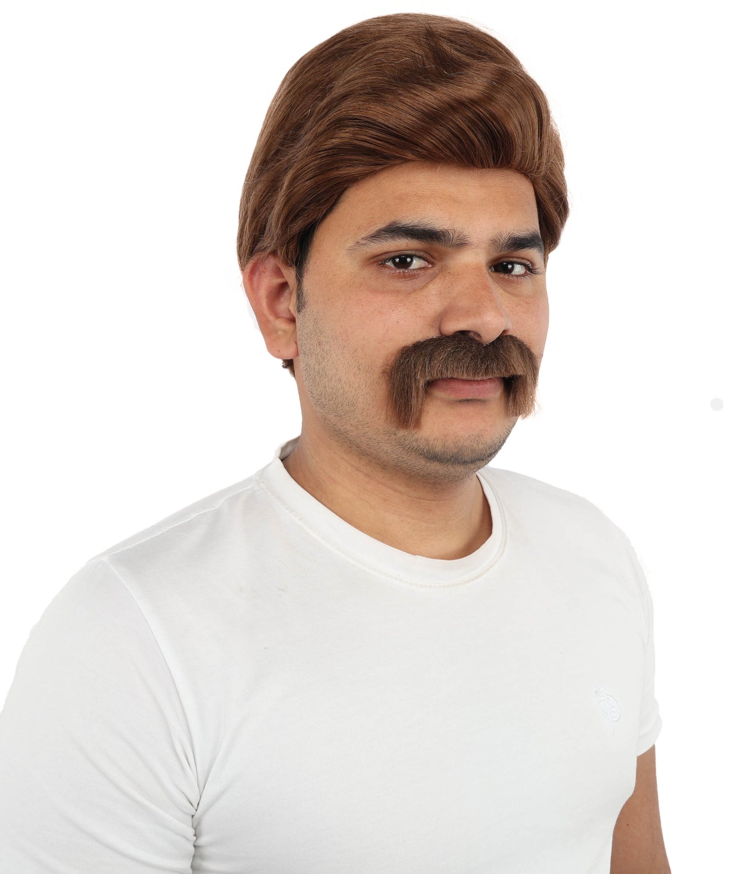 HPO Men’s Chestnut Brown Blend Wig with Mustache Set | Retro Gentleman Hair Style | Cosplay Outfit for Costume Parties, Stage Performances & Themed Events