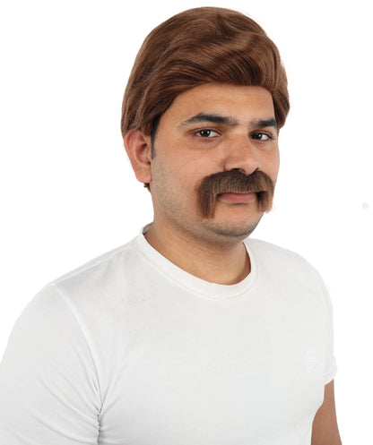 HPO Men’s Chestnut Brown Blend Wig with Mustache Set | Retro Gentleman Hair Style | Cosplay Outfit for Costume Parties, Stage Performances & Themed Events