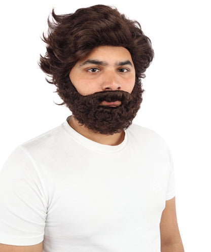 HPO Men’s Brown Wig with Moustache & Beard Set | Complete Wigs and Facial Hair Set | Costume Styling for Theme Events, Parties & Stage Roles