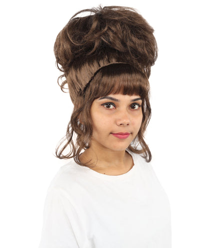 HPO Adult Women's Elegant Updo Tendril Wig | Multiple Color Options | Pastel peach hue, create of synthetic fiber, high teased volume with face-framing strands, breathable capless cap | Party, Halloween, theater, drag, performance, costume events