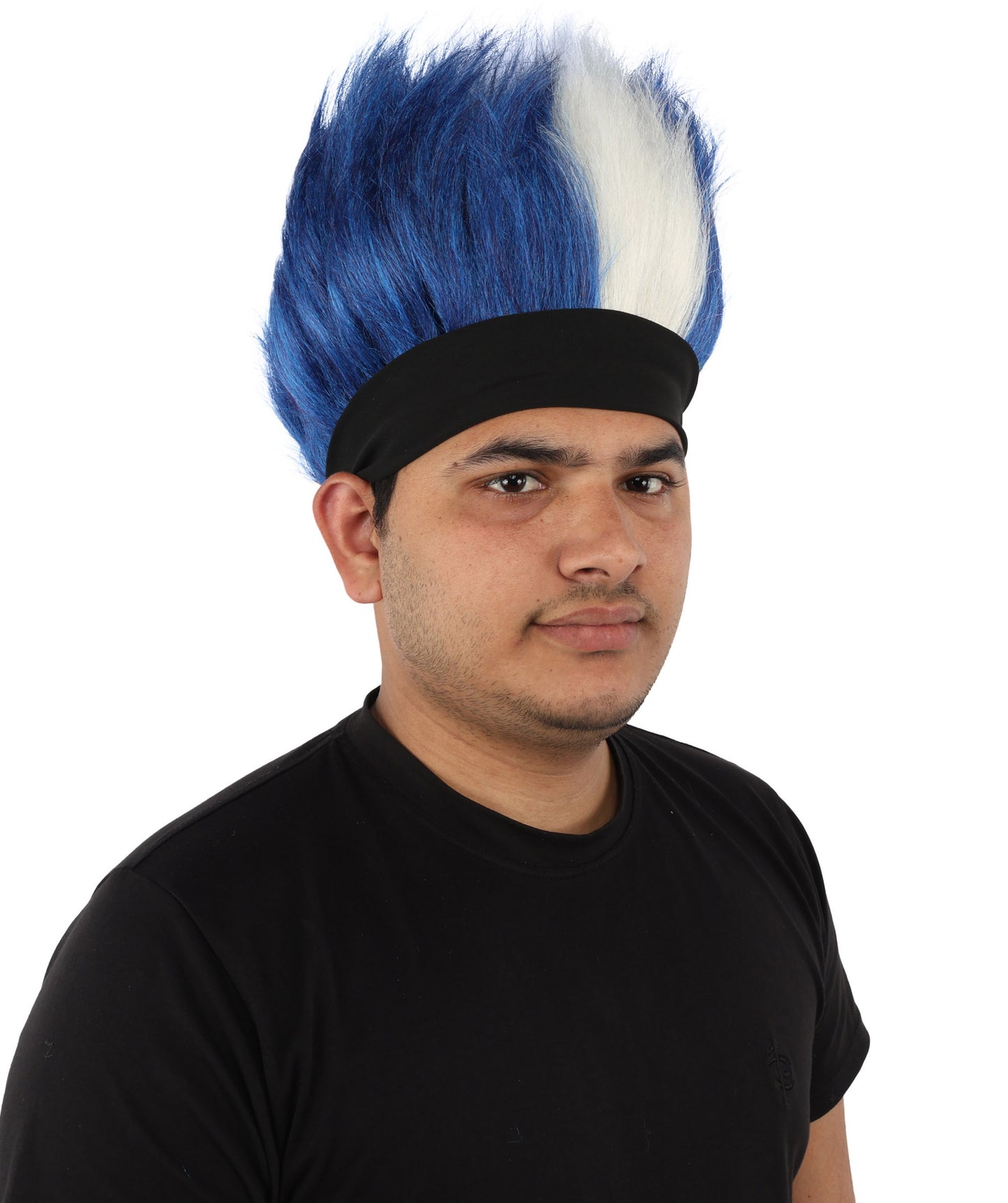 HPO Men's Navy Blue and White Mohawk Wig | Spiky Upright Flame-retardant Synthetic Fiber Headband Design | Halloween Themed Party Football Fan Gear
