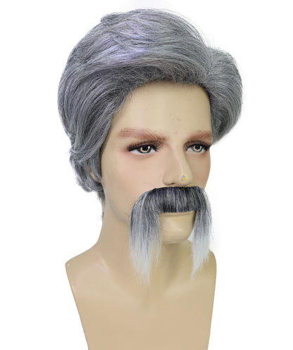 HPO Men’s Sports Fun 2-Tone Curly Wig with Mustache  | Ideal for Halloween | Breathable Capless Cap