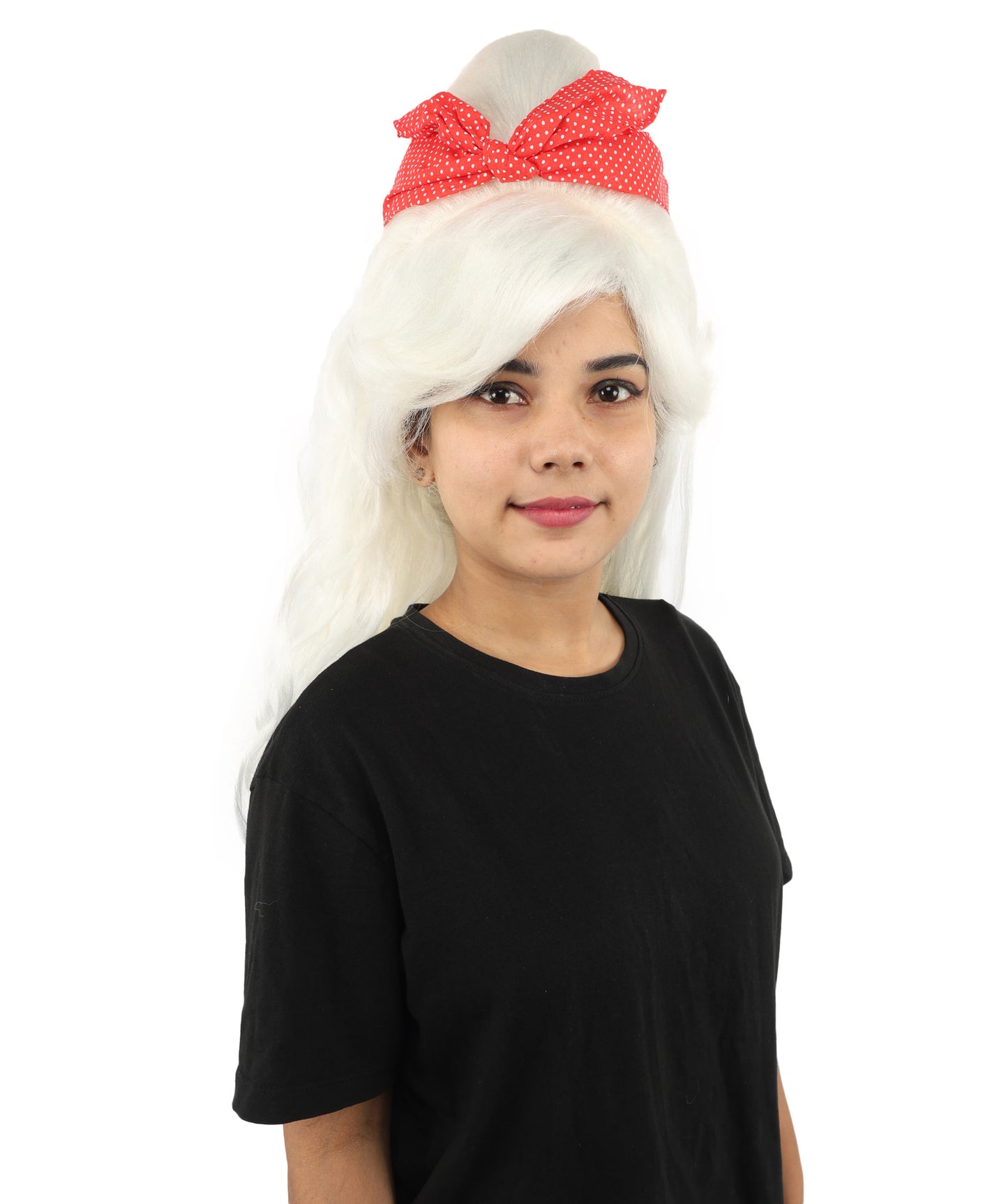 HPO Women’s Retro Beehive Wig with Red Bow | Multicolor Options | Extra Long Wavy Fancy Dress Accessory | Fancy Dress Accessory | Celebrity-Inspired Hair for Halloween, Cosplay & Music Tribute Parties